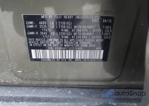 2016 Subaru Outback 2.5I Premium z USA, uszkodzony, nr VIN 4S4BSAFC1G3226465